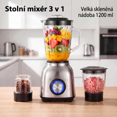 Obrázek produktu pro Multifunkční kuchyňský robot 3 v 1, stolní mixér, skleněná nádoba o objemu 1200 ml, výkon 1200 W, nerezové nože, s pulzní funkcí, productTiles.product.images.aiGenerated
