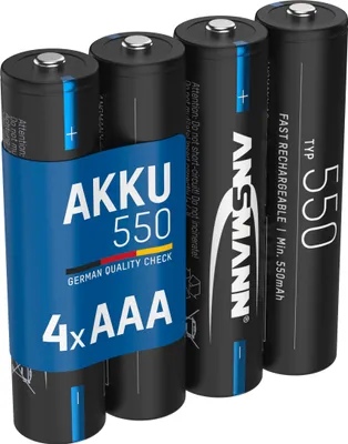 Produktbild von ANSMANN Akku NI-MH Micro AAA, 4 Stück, 550mAh, 1,2V, geringe Selbstentladung, 1000x wiederaufladbar, für Geräte mit geringem Energieverbrauch, -20°C bis +65°C