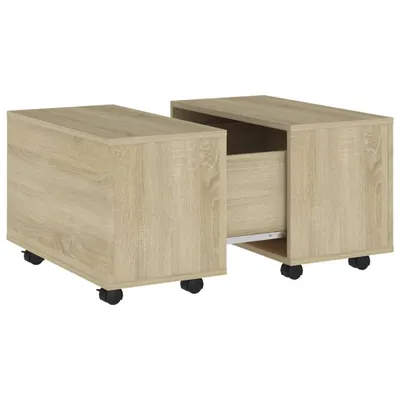 A wooden coffee table with two sections, one with an open drawer, on wheels.