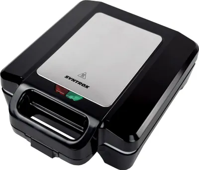 A black and silver sandwich maker shown from a diagonal perspective.