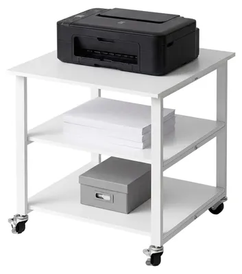 Produktbild von Relaxdays Druckertisch mit Rollen, 3 Ebenen, HxBxT: 53 x 50 x 50 cm, Rolltisch für Drucker, Büro, Druckerhalter, weiß
