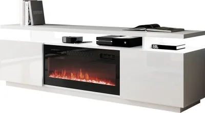 Produktbild von Mirjan24 TV-Lowboard Eva mit Kamin, RTV-Schrank vom Hersteller, TV-Möbel, Stilvoll Wohnzimmer (Weiß / Weiß Hochglanz, mit Kamin Schwarz, mit LED Beleuchtung)