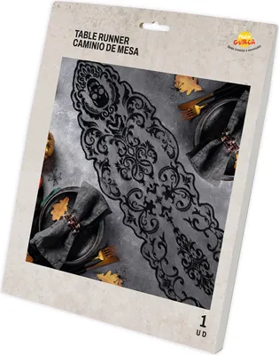 Immagine prodotto di Decorazione da tavola di Halloween Motivo teschio in pizzo nero Inquietante nobile runner da tavola festivo Decorazione a lume di candela Decorazione artistica, Colore: Nero