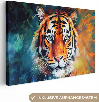 Produktbild von MuchoWow® - Leinwandbilder - Tiger - Tiere - Ölgemälde - Kunst, Wandbild, Wanddeko Bilder Wohnzimmer, 60x40 cm