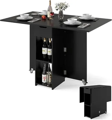 Imagen del producto de Mesa plegable con ruedas y cajón, 2 superficies de almacenamiento, mesa plegable para 2-4 personas, mesa de comedor y cocina para espacios pequeños, ideal para comedor o cocina, 120 x 72 x 75 cm ()