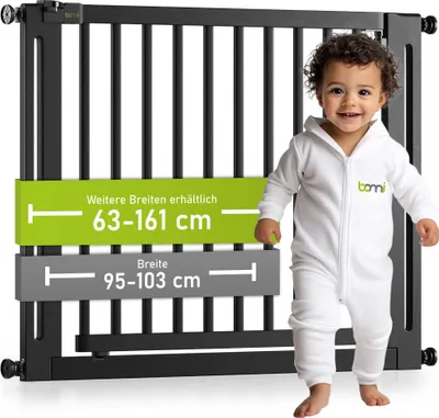 Produktbild von BOMI® Türschutzgitter Miko zum Klemmen 63-161 cm | Ohne Bohren | Kinderschutzgitter aus Holz in Schwarz | Türgitter Baby Buche