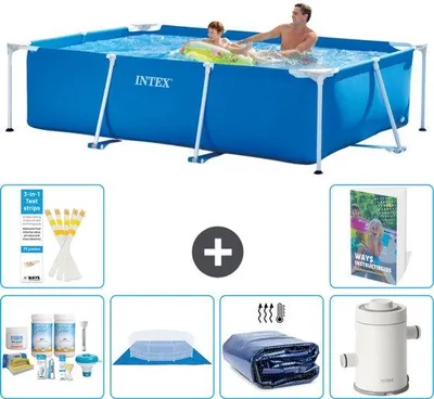 Produktbild von Rechteckiges Schwimmbecken-Frame - 260 x 160 x 65 cm - Blauw - inkl. Pflegekit - Bodenabdeckung - Sonnenschutz - Schwimmbeckenpumpe - 7-teilig