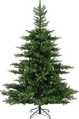 A full shot of a green artificial Christmas tree on a white background.