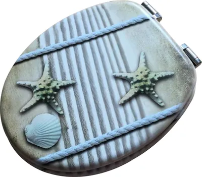 A toilet seat with a beach-themed design.