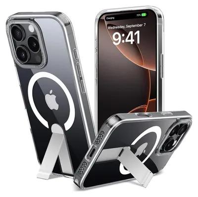 Three views of a clear iPhone case with a built-in kickstand and MagSafe compatibility, showcasing the Apple logo.