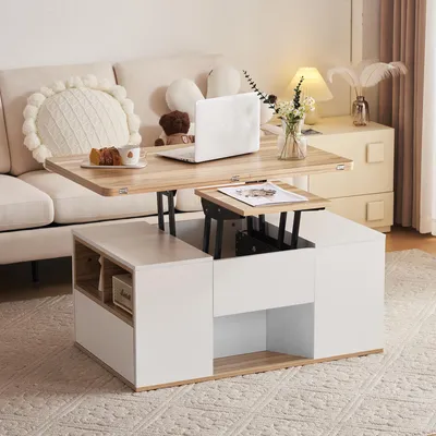 Image de Table basse multifonctions relevable Merax, design 2 en 1, table d'appoint réglable en hauteur, espace de rangement, meuble de salon moderne, blanc et naturel