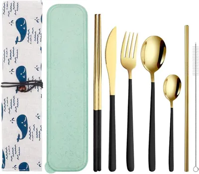 Imagen del producto de Juego de cubiertos de 9 piezas, de acero inoxidable, con estuche, ideal para camping y picnics