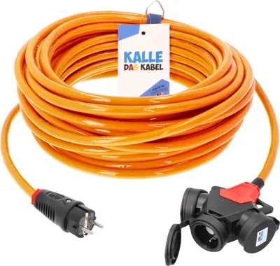 Produktbild von KALLE DAS KABEL CEE PUR Verlängerungskabel H07BQ-F 3G 2,5 mm² 25 Meter mit 3-fach Kupplung Signal ORANGE Campingkabel Baustellenkabel Stromkabel Caravanverlängerung Womo Boot  NIEDERSACHSEN