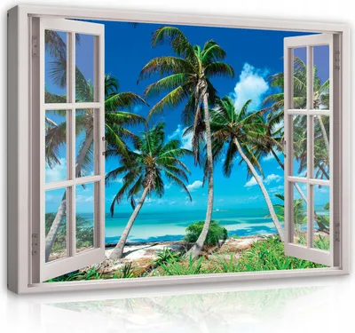 Zdjęcie produktu dla Canvas Pictures Beach Sea View Window View - 120x80 cm - Panorama Nature Landscape Modern Canvas Picture XXL Illusion Window Kitchen Bedroom Living Room Wall Art Print Wall Picture Picture on Canvas Ready to hang