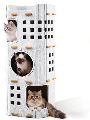 Produktbild von Katzenbett XXL mit 3 Etagen - Faltbares Katzenhaus - Atmungsaktives Katzenbett - Abnehmbares Katzenhaus - Spielball - Langlebiges Filz