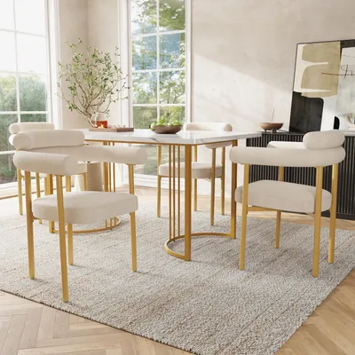 Productafbeelding van Sweiko Eettafel- en stoelset (5-delig), met design tafelpoten van metaal, inclusief 4 fauteuils met een holle zitting bekleed met crèmekleurig suède, stijlvol en comfortabel, geschikt voor restaurants, hotels