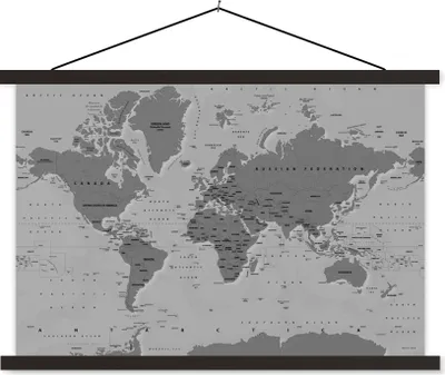Produktbild von MuchoWow® Textilposter Stabile Weltkarte - schwarz und weiß 150x100 cm mit schwarzem Rahmen - Schlafzimmer