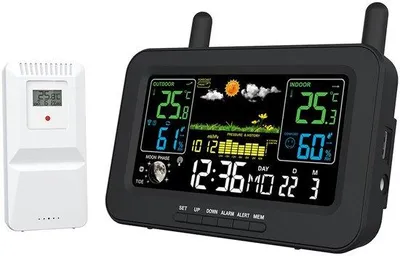 Image de Station météo - Sans fil avec capteur extérieur, thermomètre intérieur/extérieur, hygromètre intérieur/extérieur, radio-réveil, phases de la lune, indicateur de pression atmosphérique