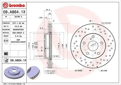 Produktbild von 2x BREMBO Bremsscheibe 09.A864.1X für TOYOTA COROLLA Stufenheck (E15_) 46mm