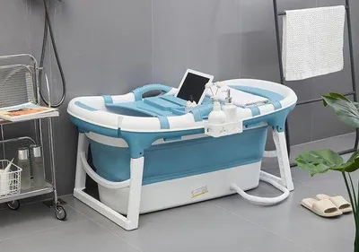 Obrázek produktu pro Skládací vana pro dospělé, 121 x 64 x 52 cm, skládací s krytem, přenosná, s košíkem na mýdlo a masážními kuličkami