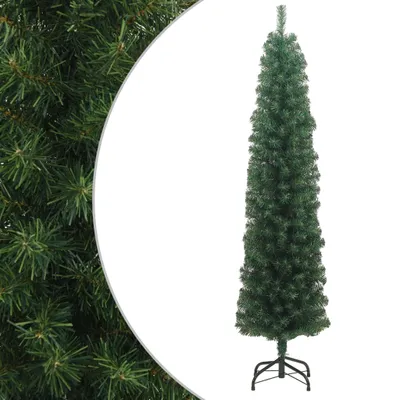 A tall, slender artificial Christmas tree with a stand, shown against a white background. The left side of the image features a close-up of the tree's green needles.