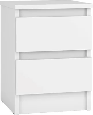 A white bedside table with two drawers.