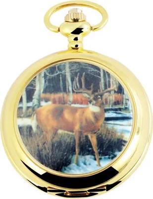 Produktbild von Taschenuhr Hirschmotiv goldfarben 45 mm Edelstahl Savonette Analog