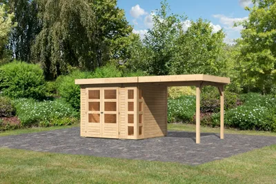 Produktbild von Karibu Gartenhaus Gerätehaus Kerko 3 im Set mit Anbaudach 2,40 m Breite naturbelassen 462x217x211 cm