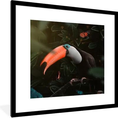 Produktbild von MuchoWow® MuchoWow® Gerahmtes Poster Tukan - Schmetterling - Blätter 40x40 cm - Poster mit zchwarzem Bilderrahmen - Poster - Plakat im Rahmen