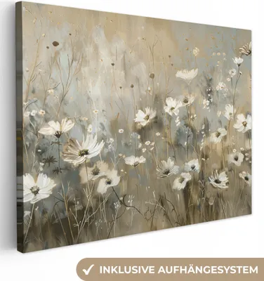 Produktbild von MuchoWow® - Leinwandbilder - Blumen - Weiß - Natur - Grau - Modern, Wandbild, Wanddeko Bilder Wohnzimmer, 120x90 cm