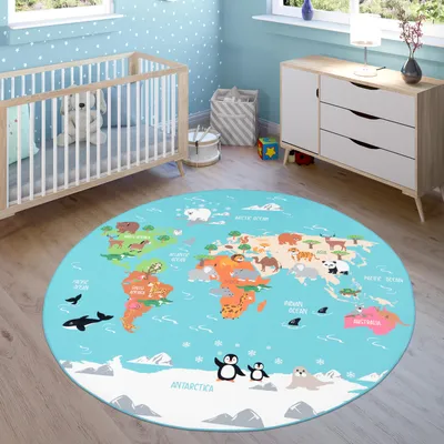 Immagine prodotto di Tappeto per bambini Per cameretta, tappeto da gioco, mappa del mondo con animali, color turchese Dimensioni Ø 200 cm rotondo