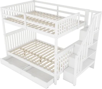 A white bunk bed with stairs and drawers.