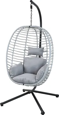 A gray hanging egg chair with a black metal stand and gray cushions, isolated on a white background.
