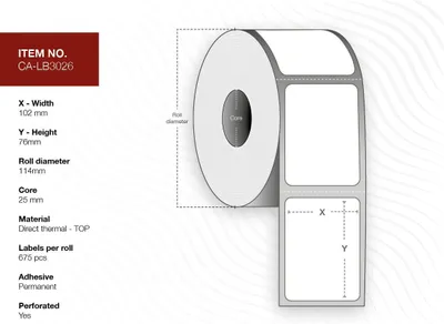 Zdjęcie produktu dla Capture CA-LB3026, Biały, Rolka, bezpośrednio termiczny, Na stałe, -10 - 40 °C, 11,4 cm