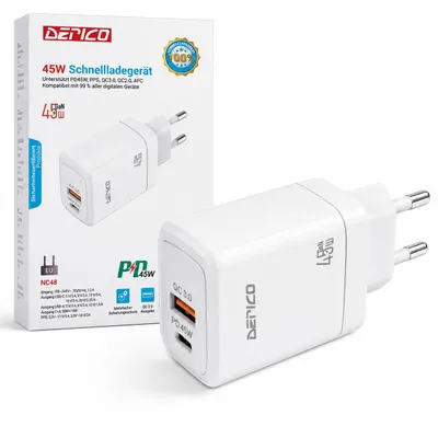 Produktbild von Derico 45W GaN Schnellladegerät USB-C PD & USB-A QC 3.0 – 2-Port Netzteil mit PPS, EU-Stecker, weiß, KI-generiertes Bild