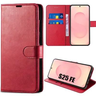 Image de Coque pour Samsung Galaxy S25 FE, Protection Flip Case Anti-Rayures Antichoc Effet Cuir Rouge