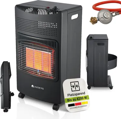Produktbild von Juskys Keramik Gasheizung GS42US - Schwarz - 4200 Watt mit 3 Heizstufen, Druckregler & Schlauch - Mobil, effizient & energiesparend - Gasheizer Gasheizofen Gasheizgerät Heizstrahler