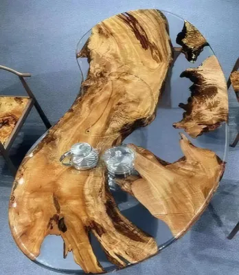 Produktbild von r transparenter Tisch aus Goldenem Holz halbmondtisch