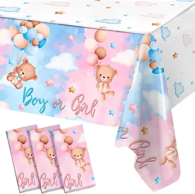 Productafbeelding van Geslacht Onthulling Tafelkleed - 3 Stuks 220*130cm Feesttafelkleed - Roze Baby Blauw Tafelkleed met Beer Patroon