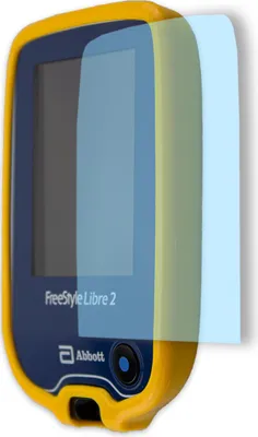 A yellow and blue Freestyle Libre 2 device with a transparent overlay.