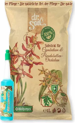 Immagine prodotto di Pacchetto Dr.Soil per la cura delle piante di cymbidium e orchidee pseudobulbose con substrato naturale con sfagno per cymbidium e additivo per l'irrigazione per orchidee in bottiglia