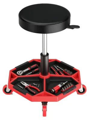Produktbild von QEENTOE Werkstatthocker mit 360°‑Rollen und Werkzeugablage, fahrbarer Montage‑Rollhocker für Werkstatt, 50.5 x 50.5 x 55 cm