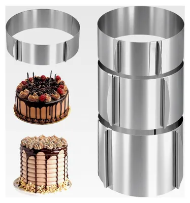 Produktbild von 4-teiliges Set verstellbarer Tortenringe, 6/8/12/15 cm hoch, silberner Edelstahl Backring, 16-30 cm Durchmesser für Torten und Desserts