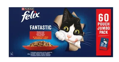 Zdjęcie produktu dla Felix Fantastic 60×85 g wołowina kurczak kaczka jagnięcina – karma dla kotów w galaretce