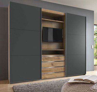 Schwebetürenschrank Magie Kleiderschrank mit TV-Element 300x65x236cm plankeneiche graphit