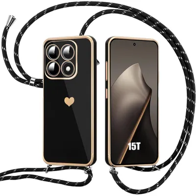 Image de Coque pour Xiaomi 15T, Protection Silicone Slim Antichoc Motif Cœur avec Bandoulière Noire