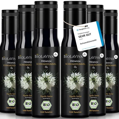 Produktbild von BIOLAVIVA Schwarzkümmelöl  (6 x 100ml) – kaltgepresst & ungefiltert – hoher Thymochinongehalt – labor & lichtgeschützt im Miron Violettglas