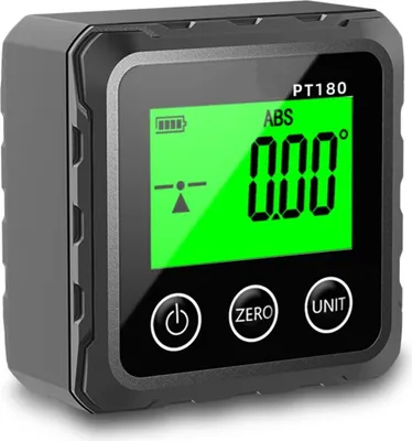 A digital angle gauge with a green LCD screen displaying measurements and icons.
