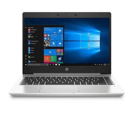 A silver HP ProBook laptop is shown from the front, open with the screen displaying the Windows 10 operating system.