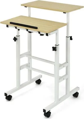A mobile adjustable height desk with two platforms.